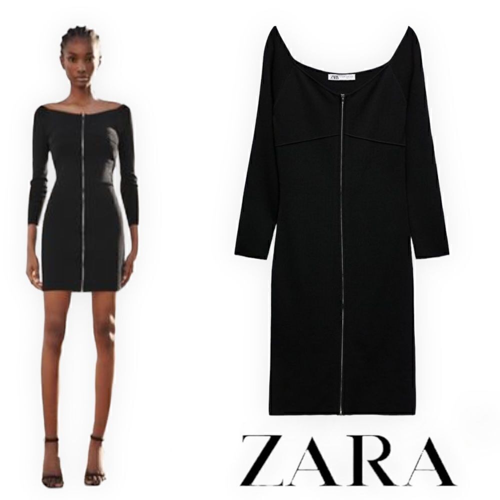 ZARA Black Knit Zip Front Mini Dress Off Shoulder Size M NWT